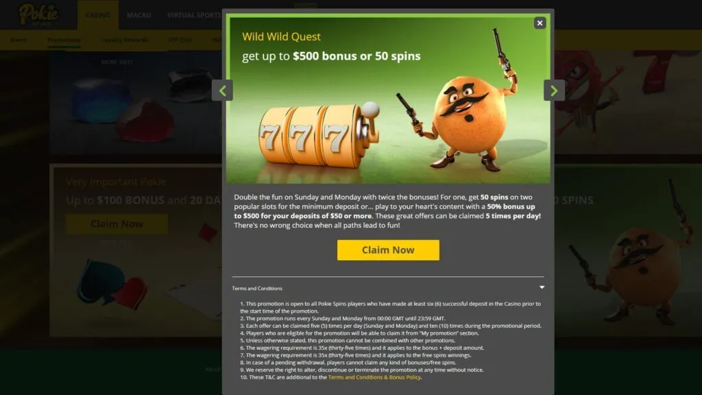 Pokie Spins Casino Deposit Bonus