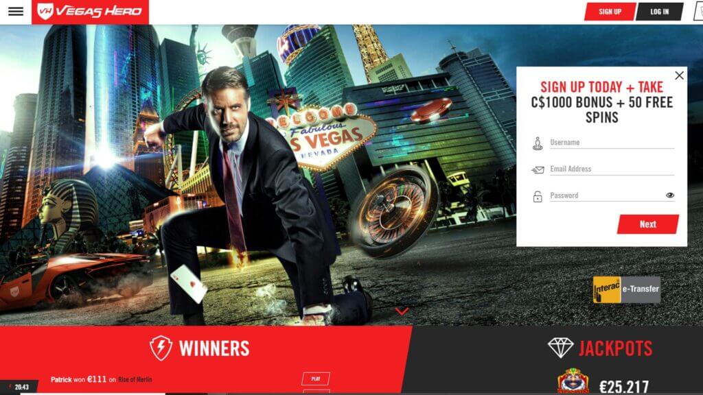 Vegas Hero Casino Homepage