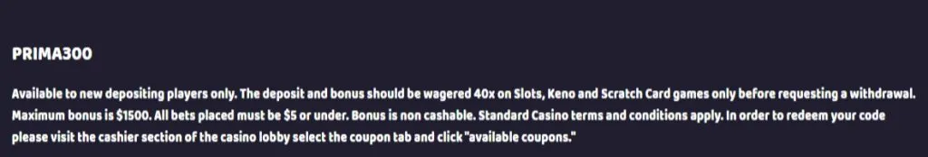 Primaplay Casino 300% Up To $1500 Welcome Bonus Bonus Terms