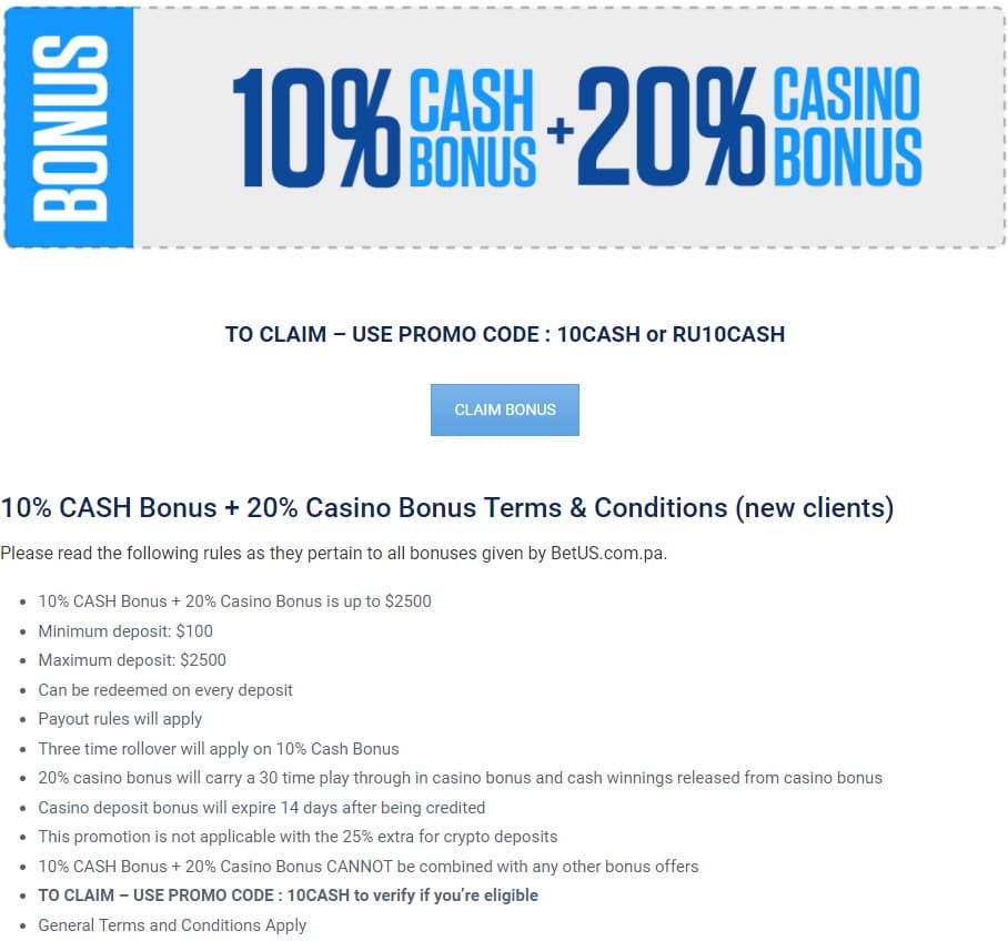 Betus Casino 10% Cash + 20% Casino Bonus Terms