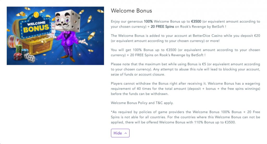 BetterDice Casino 20 free spins + 150% up to €5000 Bonus Terms
