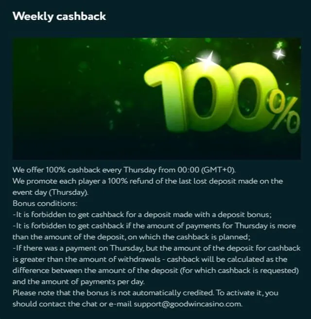 GoodWin Casino 100% Сashback 4 Goodwin Casino 100% Сashback Bonus Terms