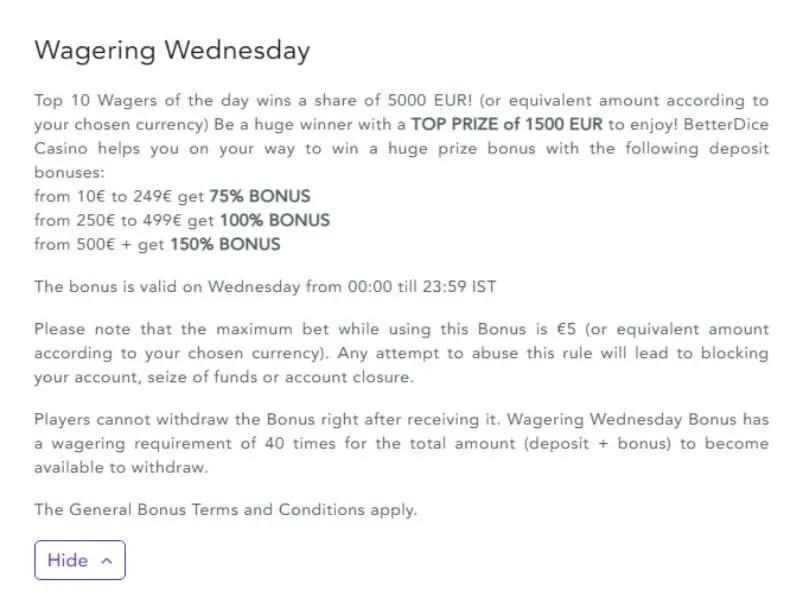 BetterDice Casino 150% up to 1500 7 Betterdice Casino 150% Up To €1500 Bonus Terms