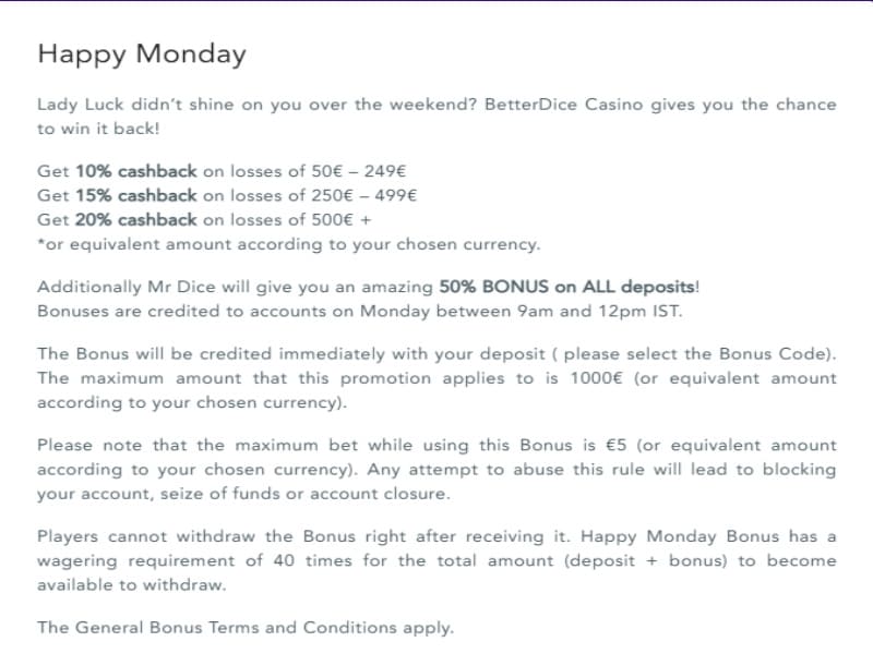 Betterdice Casino 50% + (10% 20%) Cashback Bonus Terms