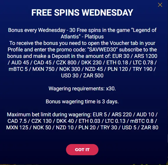 Savarona Casino 30 Free Spins on Wednesday Reload Bonus 7 Savarona Casino 30 Free Spins on Wednesday Reload Bonus Special Conditions