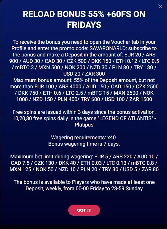 Savarona Casino 60 free spins + 55% Match on Fridays Reload Bonus 7 Bonus terms