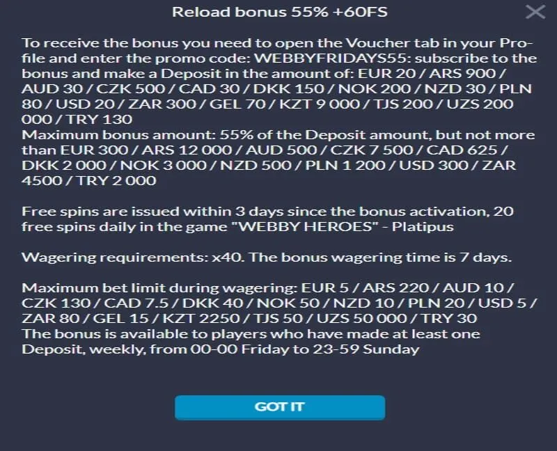 Webbyslot Casino 60 Free Spins + 55% 7 Webbyslot Casino 60 Free Spins + 55% Bonus Terms
