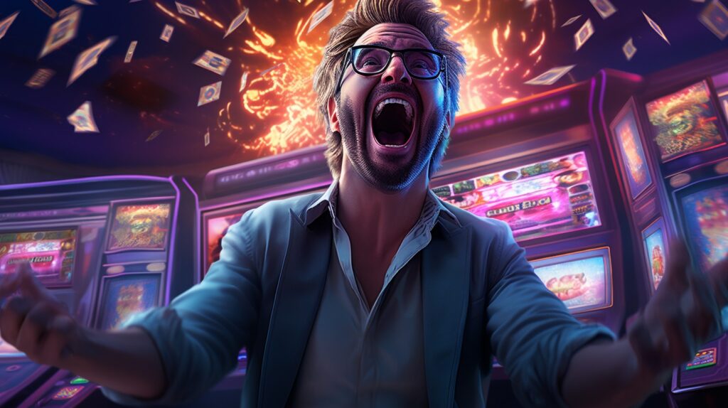 Excited Casino Player Celebrating With A Slot Machine