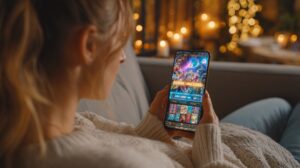 Person Holding Smartphone Showing Colorful Casino Game With Bonus Pop Up