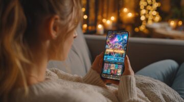 Person Holding Smartphone Showing Colorful Casino Game With Bonus Pop Up