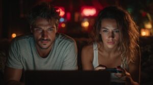 Players Enjoying Immersive Online Casino Experience On Laptop And Phone