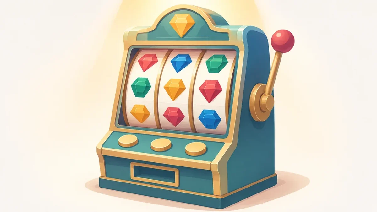 Pragmatic Play Slots Guide: How Game Mechanics Work 2 Slot machine cabinet with three gem-symbol reels under a warm spotlight