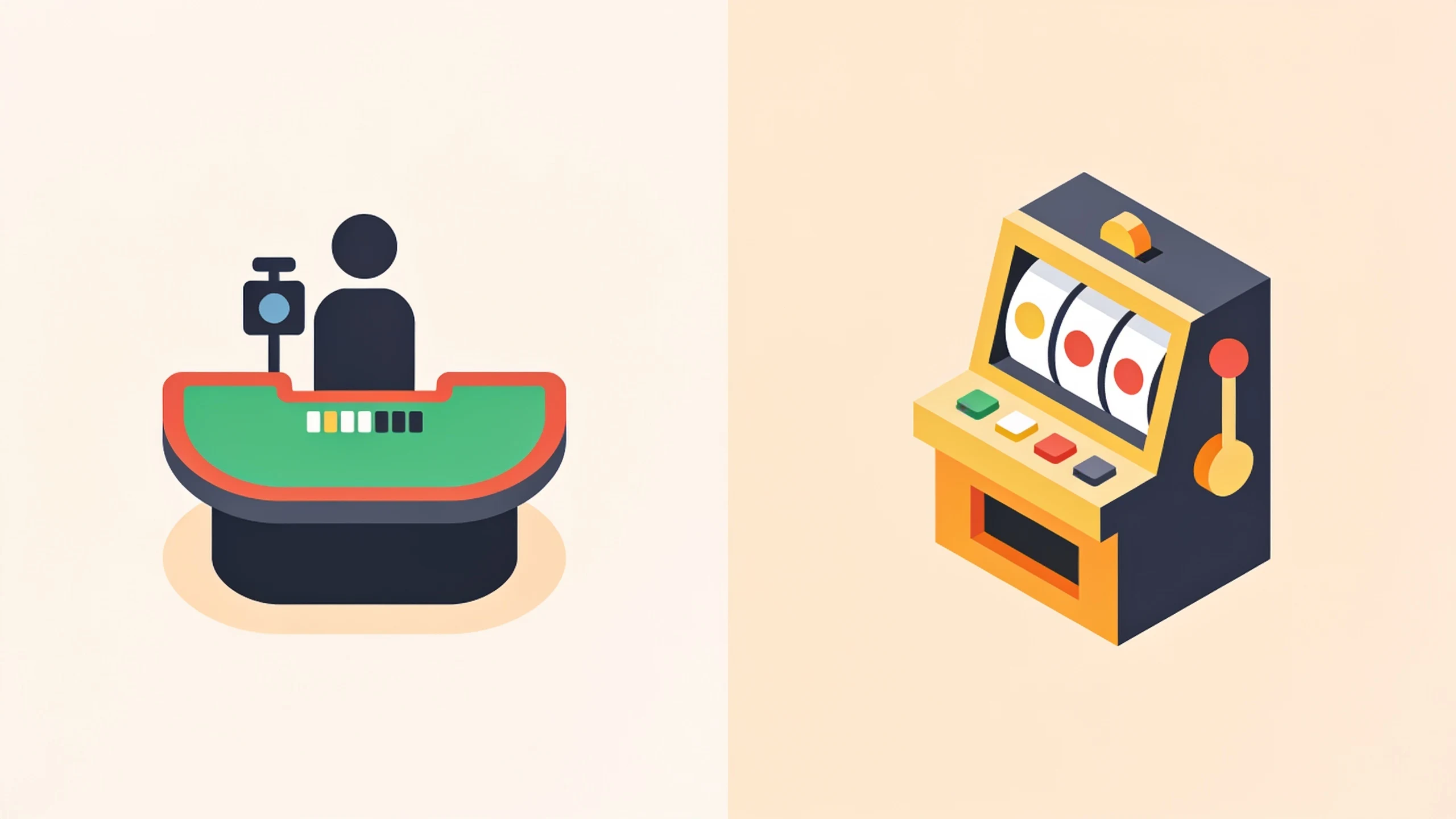Luckera Casino and the Differences Between Live Casino Games and Slot Games 4 Live dealer game versus slot machine, simple side-by-side icons