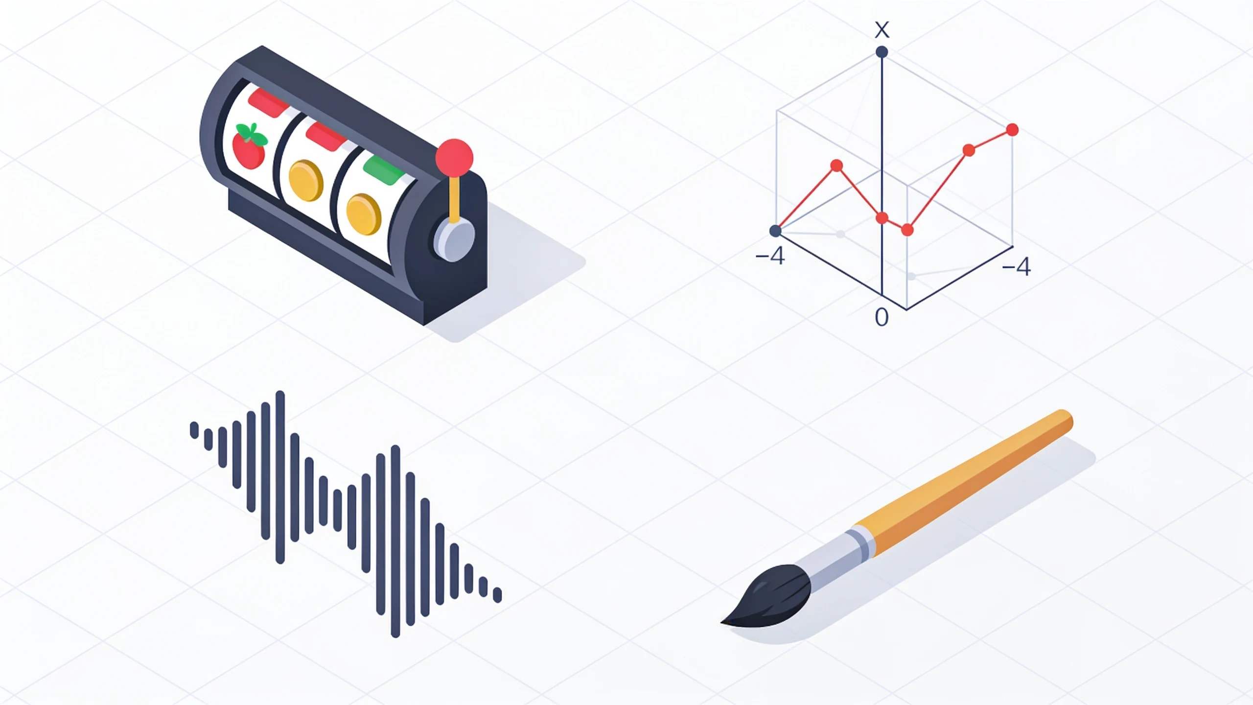 Best Casino Game Developers in 2026 4 Icons representing the core parts of a slot game studio: reels, math model, sound design, and art