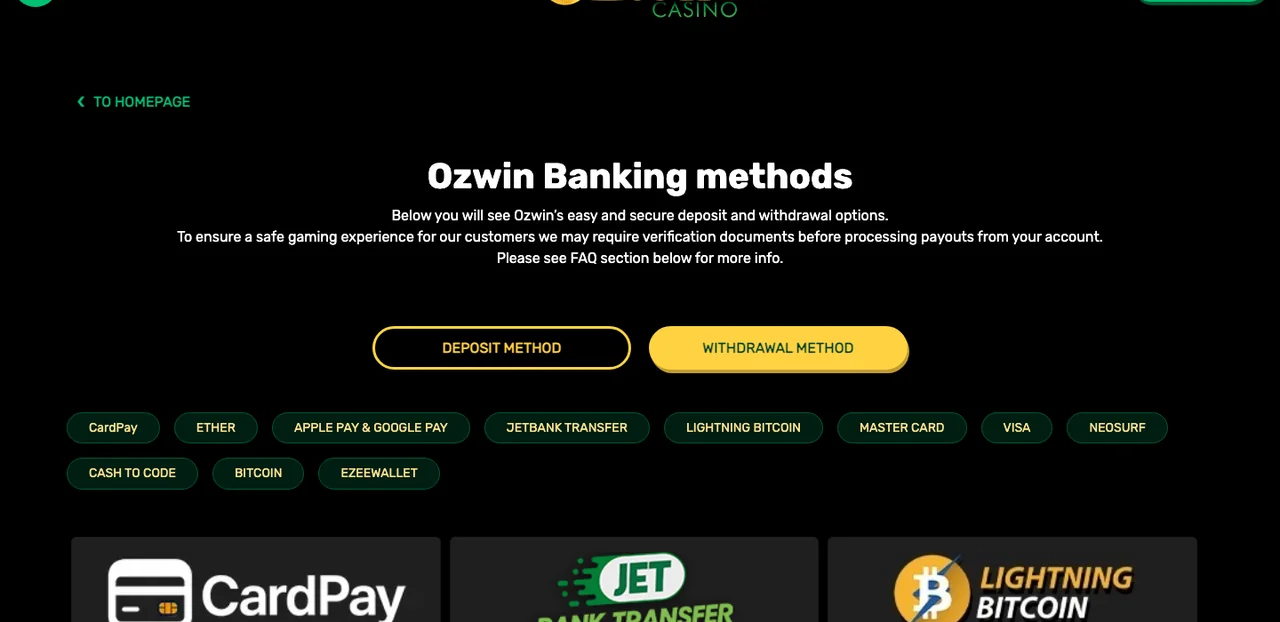 Ozwin Casino Review 2026 4 Ozwin banking page with deposit methods and minimum deposits