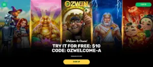 Ozwin Casino lobby with the welcome sign-up offer