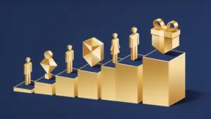 Abstract isometric illustration of a tiered loyalty ladder with figures ascending through levels, representing casino VIP rewards progression