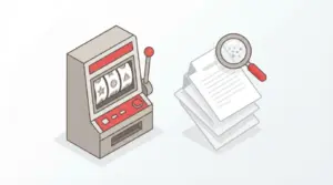 Isometric illustration of slot machine with free spins documents and magnifying glass representing Canada bonus terms