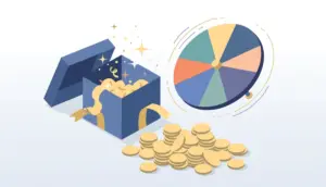 PlayOJO Casino Review 19 Isometric illustration of a welcome bonus offer with unlocked gift box and free spins wheel
