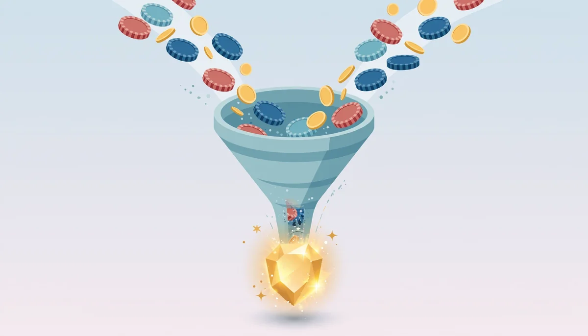 Isometric illustration of casino wagering chips converting through a funnel into a loyalty status gem