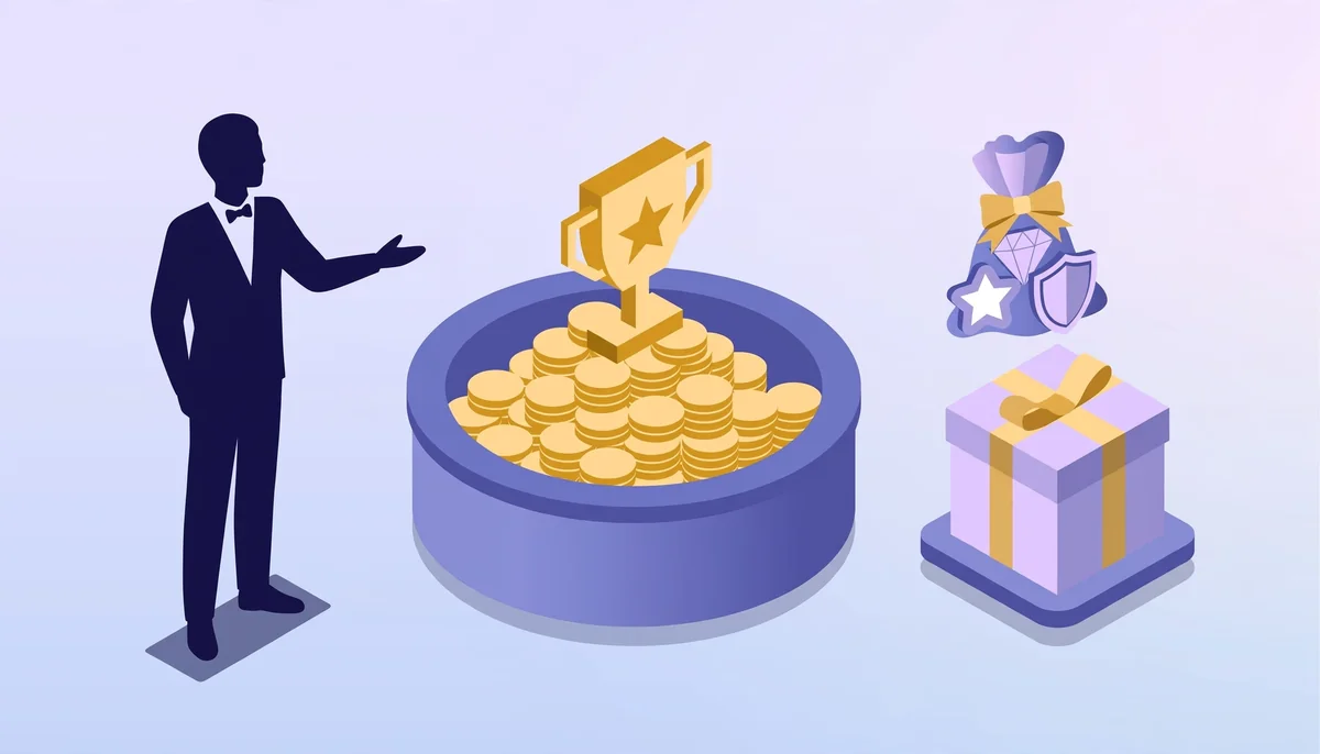 Isometric illustration of VIP casino perks including a personal host, jackpot trophy, and gift