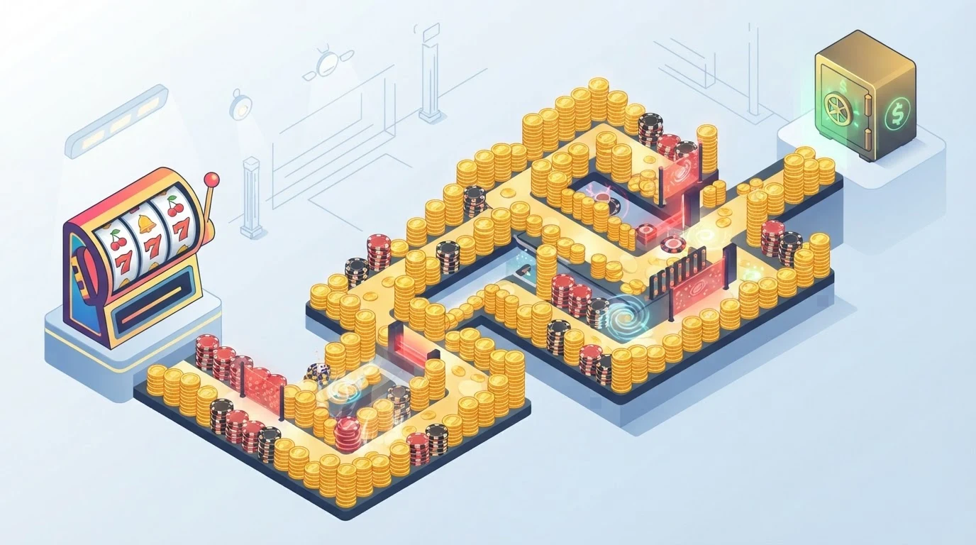 Isometric maze of coins representing a wagering requirement blocking free spins cashout