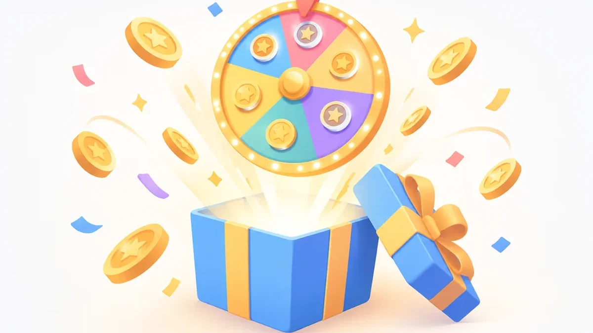 PlayOJO Casino Review 2 Open blue gift box with a prize wheel of free-spin tokens above