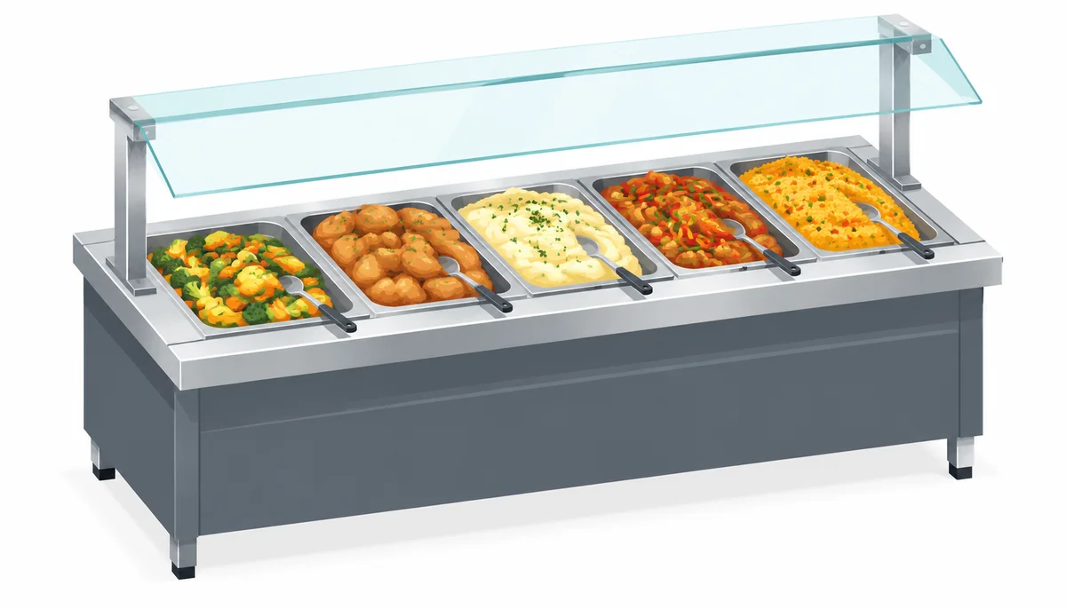 Casino Buffets: What's Left, What They Cost, and How to Work the Line 3 Isometric illustration of a buffet food station counter with steam trays and serving spoons