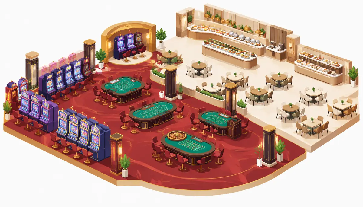 Casino Buffets: What's Left, What They Cost, and How to Work the Line 4 Isometric illustration of a casino floor with slot machines near a dining area
