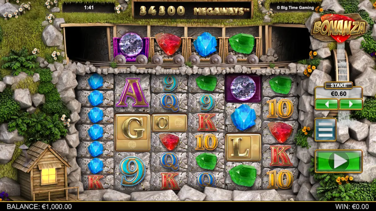 Bonanza Megaways slot demo screenshot, mine setting with gems and megaways reels