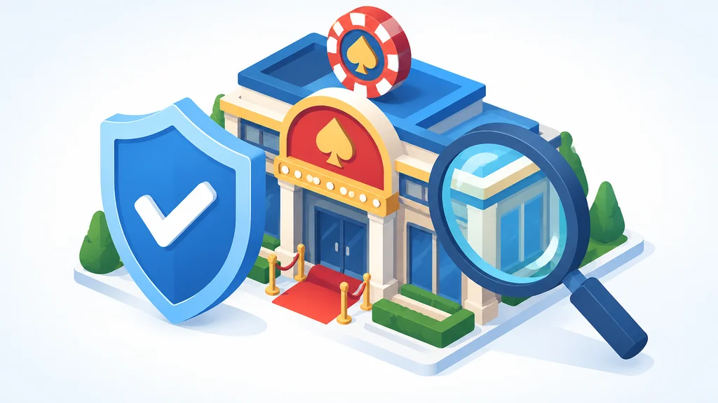 Shield with checkmark and magnifying glass over casino building