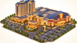 Isometric casino resort complex with entertainment theater wing and hotel tower