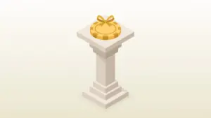 Casino chip with a gift ribbon on a pedestal, free no-deposit bonus concept