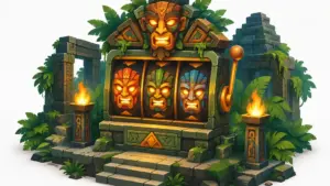 Isometric illustration of glowing tribal fire masks over a jungle temple at night