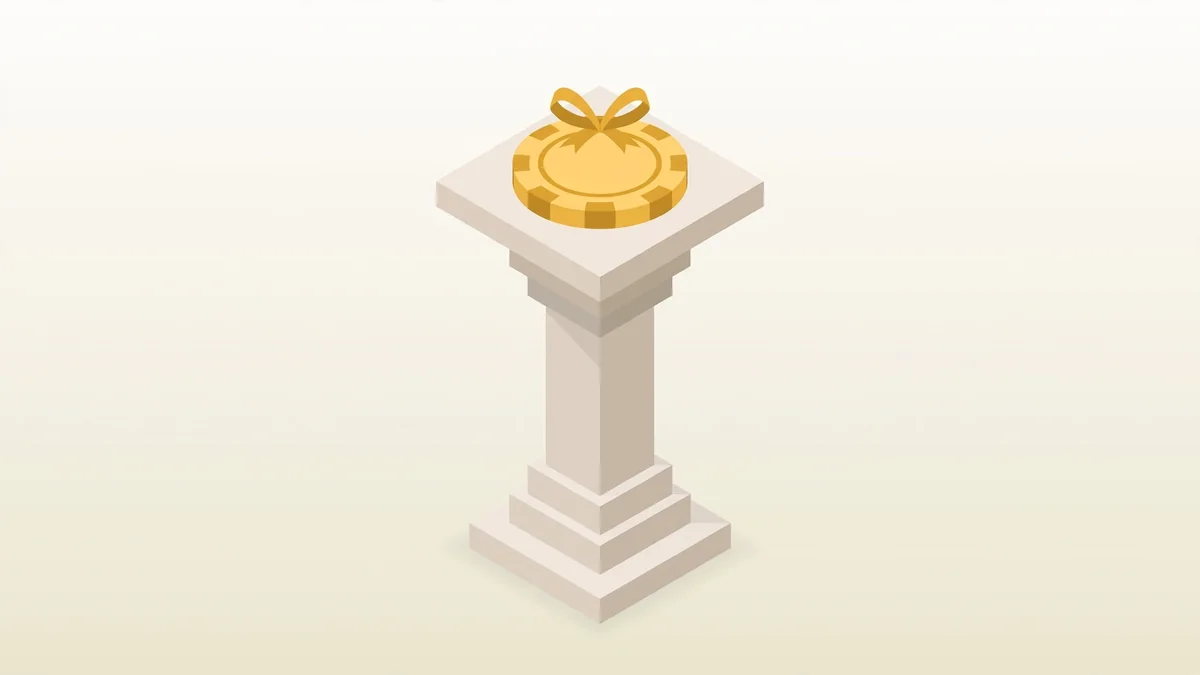 Ruby Slots No Deposit Bonus: $25 Free Chip With Code PADDY25 1 Casino chip with a gift ribbon on a pedestal, free no-deposit bonus concept