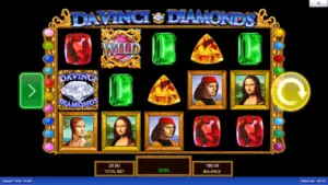 Da Vinci Diamonds slot demo screenshot, gems and Renaissance portraits on five reels