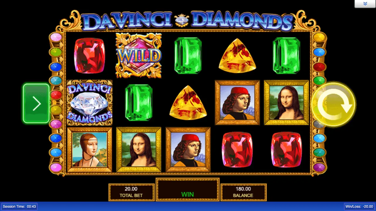 Da Vinci Diamonds slot demo screenshot, gems and Renaissance portraits on five reels