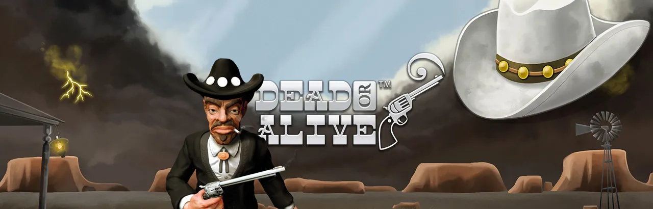 Dead or Alive 1 Dead or Alive slot official artwork by NetEnt, a cowboy with a revolver in the desert