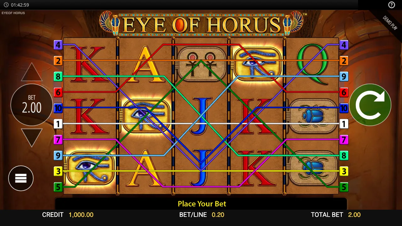 Eye Of Horus 1 Eye of Horus slot demo screenshot, Egyptian symbols and ten paylines