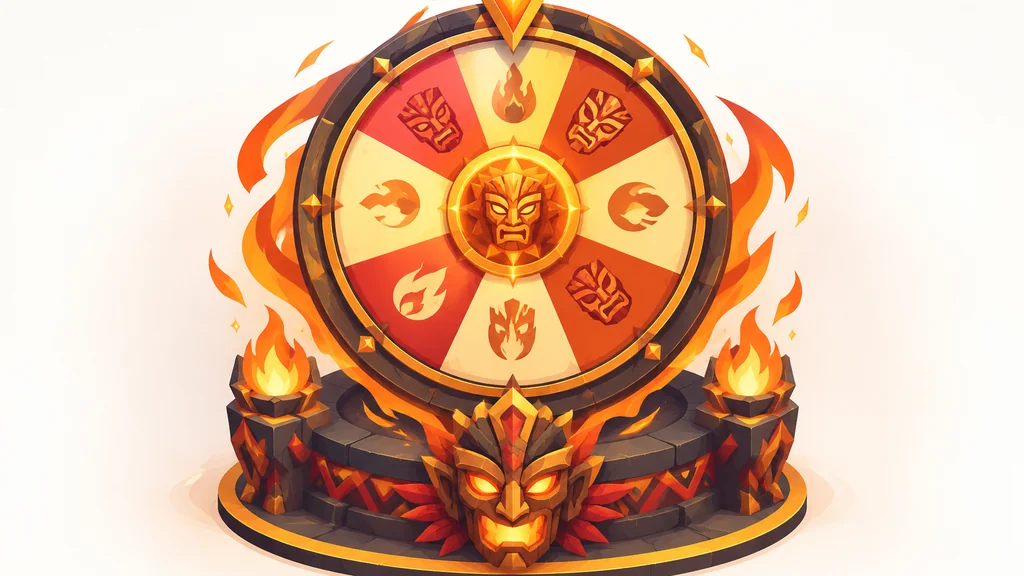 9 Masks of Fire Slot Review: RTP, Volatility and Features 3 Isometric illustration of a glowing fortune wheel with tribal mask and flame motifs