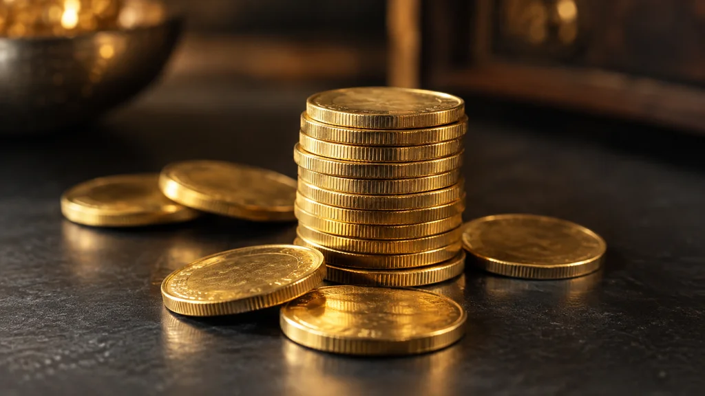 Macro photo of a stack of shiny gold coins on a dark table