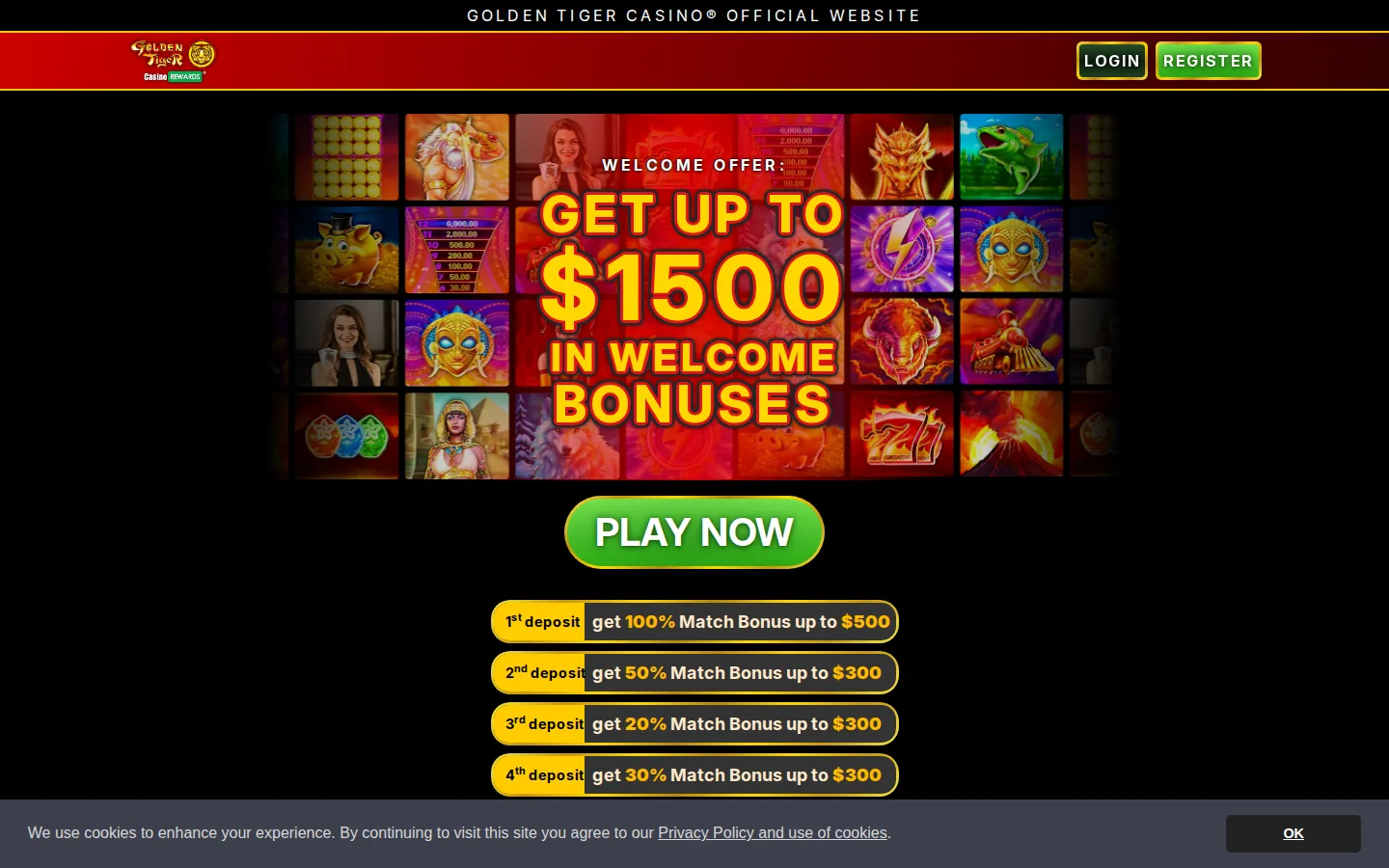 Golden Tiger Casino Review 3 Golden Tiger Casino welcome offer page listing five deposit bonuses