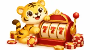 Isometric illustration of Golden Tiger Casino bonus theme with a tiger, slot reel and chips