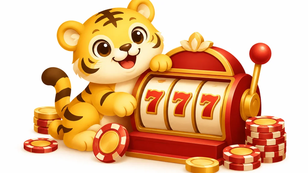 Golden Tiger Casino Review 1 Isometric illustration of Golden Tiger Casino bonus theme with a tiger, slot reel and chips