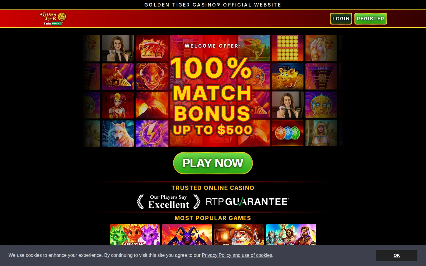 Golden Tiger Casino Review 2 Golden Tiger Casino homepage showing the live slots lobby