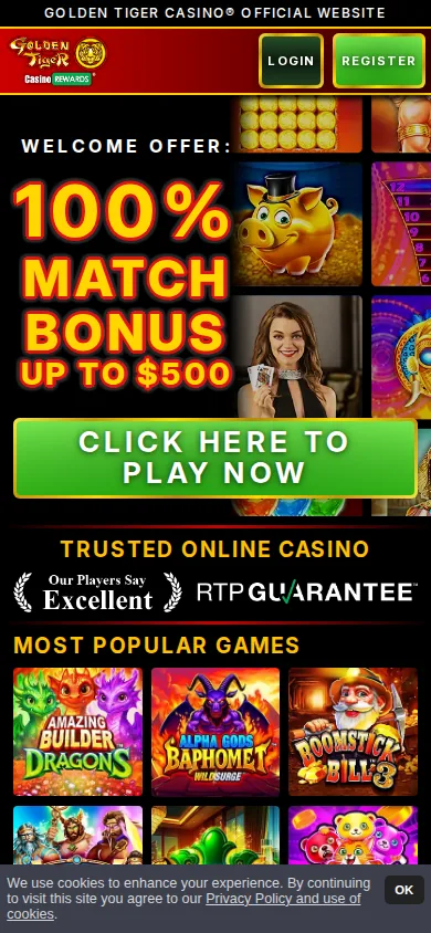 Golden Tiger Casino Review 4 Golden Tiger Casino mobile homepage with welcome bonus banner visible
