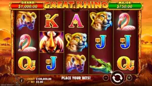 Great Rhino slot demo screenshot, safari animals on a five reel grid
