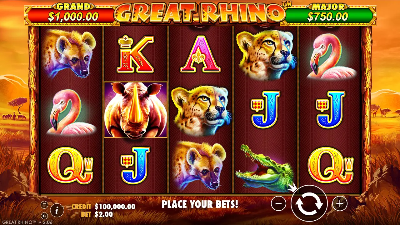 Great Rhino slot demo screenshot, safari animals on a five reel grid