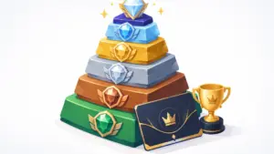 Isometric illustration of a tiered VIP loyalty pyramid with colored gem badges and a loyalty card