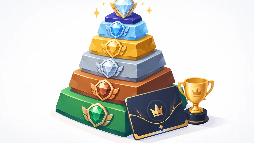 Casino Classic Rewards: The Six-Tier Ladder and the Invite-Only VIP Room Explained 1 Isometric illustration of a tiered VIP loyalty pyramid with colored gem badges and a loyalty card